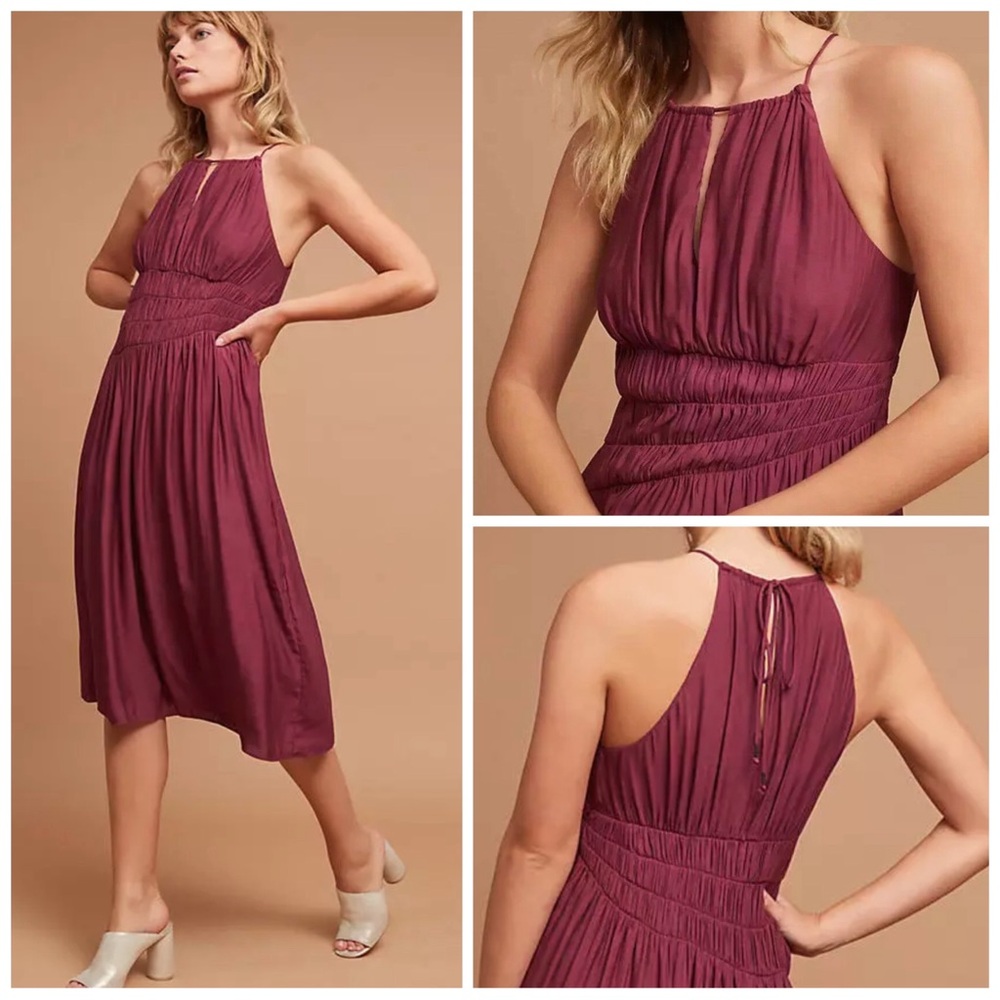 •MOULINETTE SOEURS• Anthropologie Smocked Halter Midi A-Line Dress Plum Size 2‎